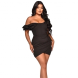 Black Low-Cut V-Neck Fashion Forals Pleated Sexy Mini Dress