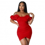Red Low-Cut V-Neck Fashion Forals Pleated Sexy Mini Dress