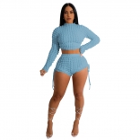 Blue Long Sleeve Backless Cotton Club Women Sexy Short Sets