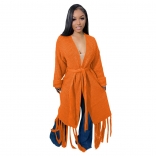Orange Knitting Tassels Women Fashion Cotton Sweater Coat