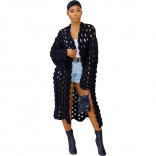 Black Long Sleeve Hollow-out Cotton Knitting Fashion Women Coat