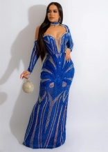 Blue Long Sleeve Mesh Rhinestone V-Neck Sequin Slim Women Party Evening Dress