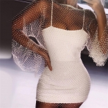 White Rhinestone Hollow-out Nets Women Sexy Dress