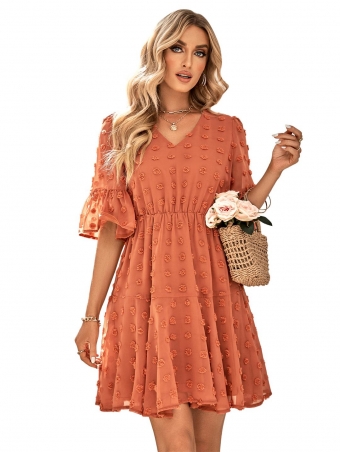 Orange V-Neck Mesh Chiffion Fashion Women Street Skirt Dress