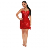 Red Halter Low-Cut V-Neck Sequin Feather Sexy Dress