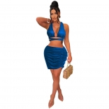 Blue Sleeveless Deep V-Neck Slim Sexy 2PCS Club Mini Dress