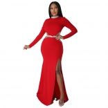 Red Long Sleeve O-Neck Hollow-out Sexy Slit Bodycon Women Evening Long Dress