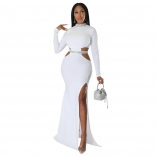 White Long Sleeve O-Neck Hollow-out Sexy Slit Bodycon Women Evening Long Dress