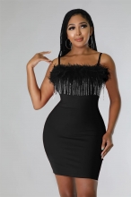 Black Off-Shoulder Halter Feather Tassels Slim Mini Dress