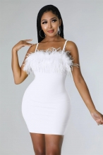 White Off-Shoulder Halter Feather Tassels Slim Mini Dress
