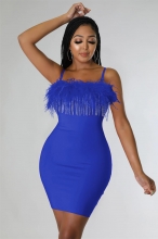 Blue Off-Shoulder Halter Feather Tassels Slim Mini Dress