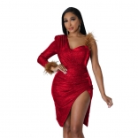 Red One Sleeve Feather Sexy Party Mini Dress
