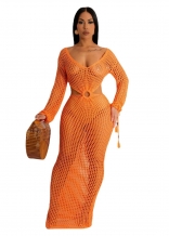Orange Hollow-out Nets Sexy Knitting V-Neck Fashion Dress