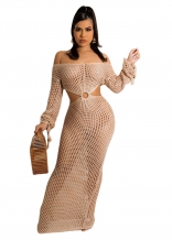 Khaki Hollow-out Nets Sexy Knitting V-Neck Fashion Dress