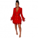 Red Feather Long Sleeve Deep V-Neck Button Lace Sexy OL Dress