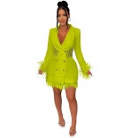 Green Feather Long Sleeve Deep V-Neck Button Lace Sexy OL Dress