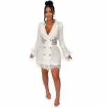 White Feather Long Sleeve Deep V-Neck Button Lace Sexy OL Dress