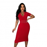 Red Hollow-out Cotton Silk Bodycon Midi Dress