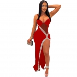 Red Halter V-Neck Low-Cut Sequin Mesh Maxi Dress