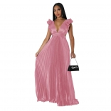 Pink Chiffion Deep V-Neck Pleated Fashion Women Party Long Dress