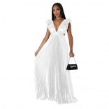 White Chiffion Deep V-Neck Pleated Fashion Women Party Long Dress