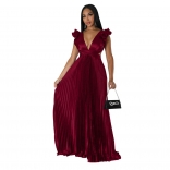 WineRed Chiffion Deep V-Neck Pleated Fashion Women Party Long Dress