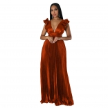 Red Chiffion Deep V-Neck Pleated Fashion Women Party Long Dress
