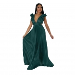 Green Chiffion Deep V-Neck Pleated Fashion Women Party Long Dress