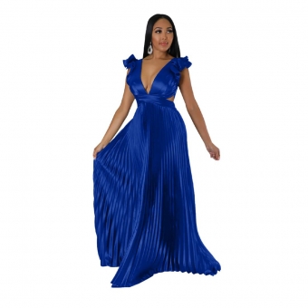 Blue Chiffion Deep V-Neck Pleated Fashion Women Party Long Dress