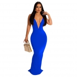 Blue Deep V-Neck Bodycon Pleated Fashion Evening Dress