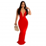 Red Deep V-Neck Bodycon Pleated Fashion Evening Dress