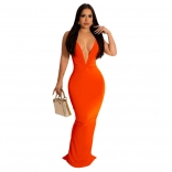 Orange Deep V-Neck Bodycon Pleated Fashion Evening Dress