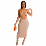Beige Halter Low-Cut Hollow-out Sexy Cotton Club Midi Dress