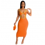 Orange Halter Low-Cut Hollow-out Sexy Cotton Club Midi Dress