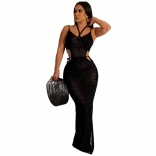 Black Halter Hollow-out Nets Sexy Women Bodycon Maxi Dress