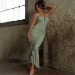 Green Halter Low-Cut Bodyco Mesh Lace Maxi Dress