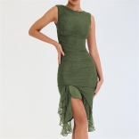Green O-Neck Mesh Fashion Women Midi Club Dress