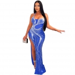 Blue Mesh Party Sleeveless Rhinestone Women Maxi Dress