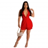 Red Sleeveless Deep V-Neck Button Women OL Dress