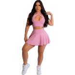 Pink Sleeveless Halter V-Neck Fashion Sexy Club Skirt Dress