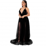 Black Deep V-Neck Sequin Halter Mesh Evening Long Dress