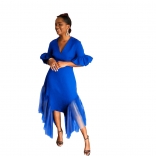 Blue V-Neck Short Sleeve Mesh Fashion Women Maxi Dress