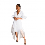White V-Neck Short Sleeve Mesh Fashion Women Maxi Dress
