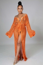Orange Knitting Nets Hollow-out Sexy Beach Wear