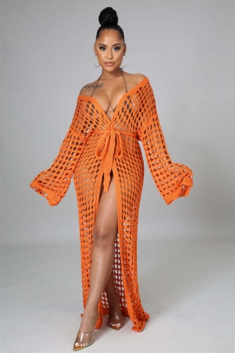 Orange Knitting Nets Hollow-out Sexy Beach Wear