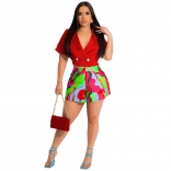 Red Deep V-Neck Button Fashion Printed Women Short Sets