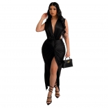 Black Deep V-Neck Hollow-out Pleated Sexy Maxi Dress
