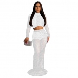 White Rhinestone Mesh Long Sleeve 2PCS Bodycon Maxi Dress