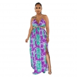 Purple Halter Straps Printed Fashion Women Jersey Dress