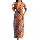Orange Short Sleeve V-Neck Printed Fashion Women Jersey Dress